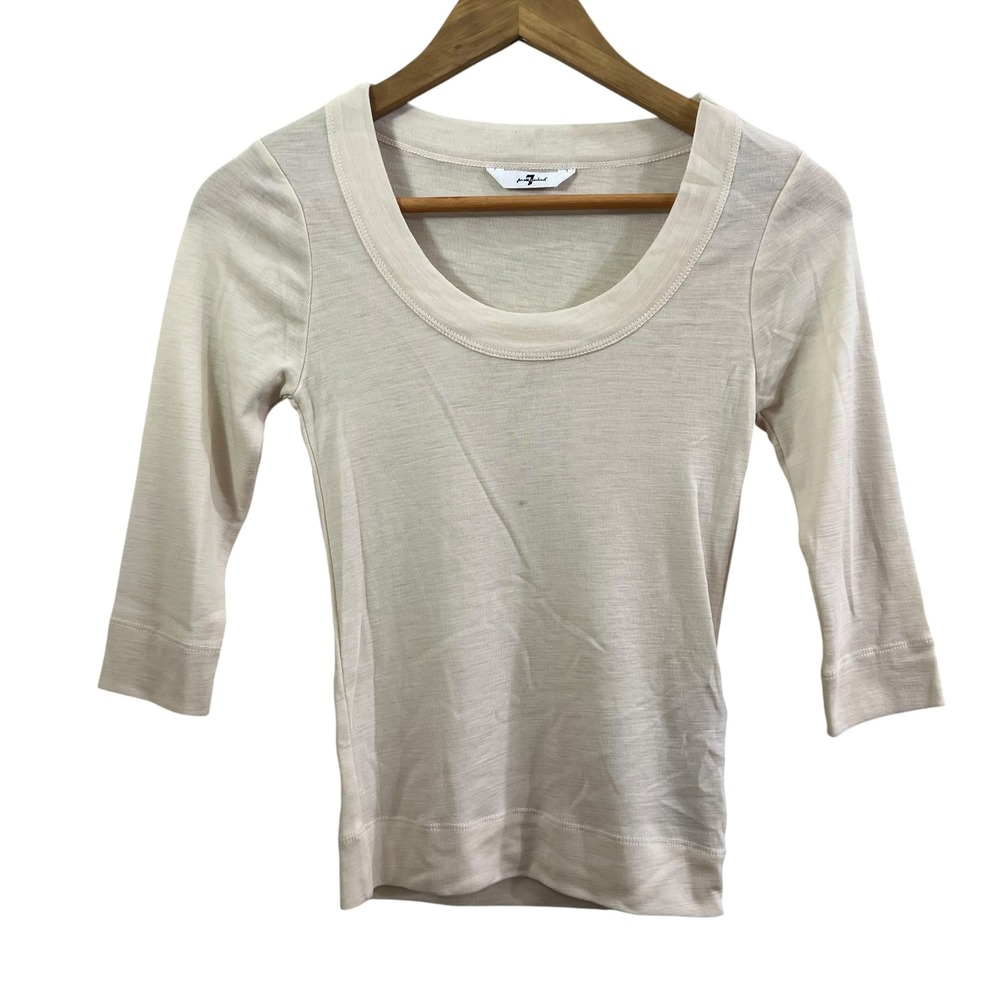 7 For All Mankind Scoop Neck Top Vintage White 100% Wool 3/4 Sleeve Womens Small